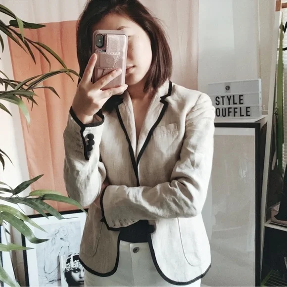 J Crew 100% Linen Schoolboy Blazer Neutral Beige Bold Covered‎ Buttons Work - Picture 3 of 12